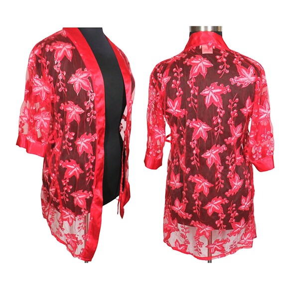 Sindrella Women's Red Floral Sparkly Sheer Robe NO BELT Size M - Picture 1 of 9